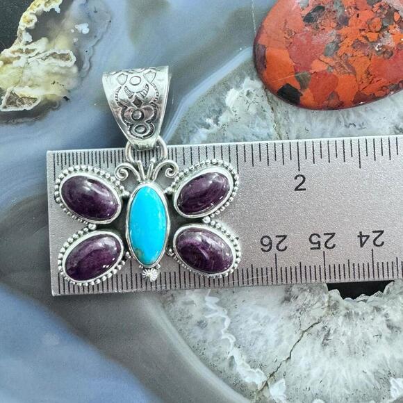 Native American Sterling Turquoise & Spiny Oyster Butterfly Pendant For Women - Picture 9 of 10